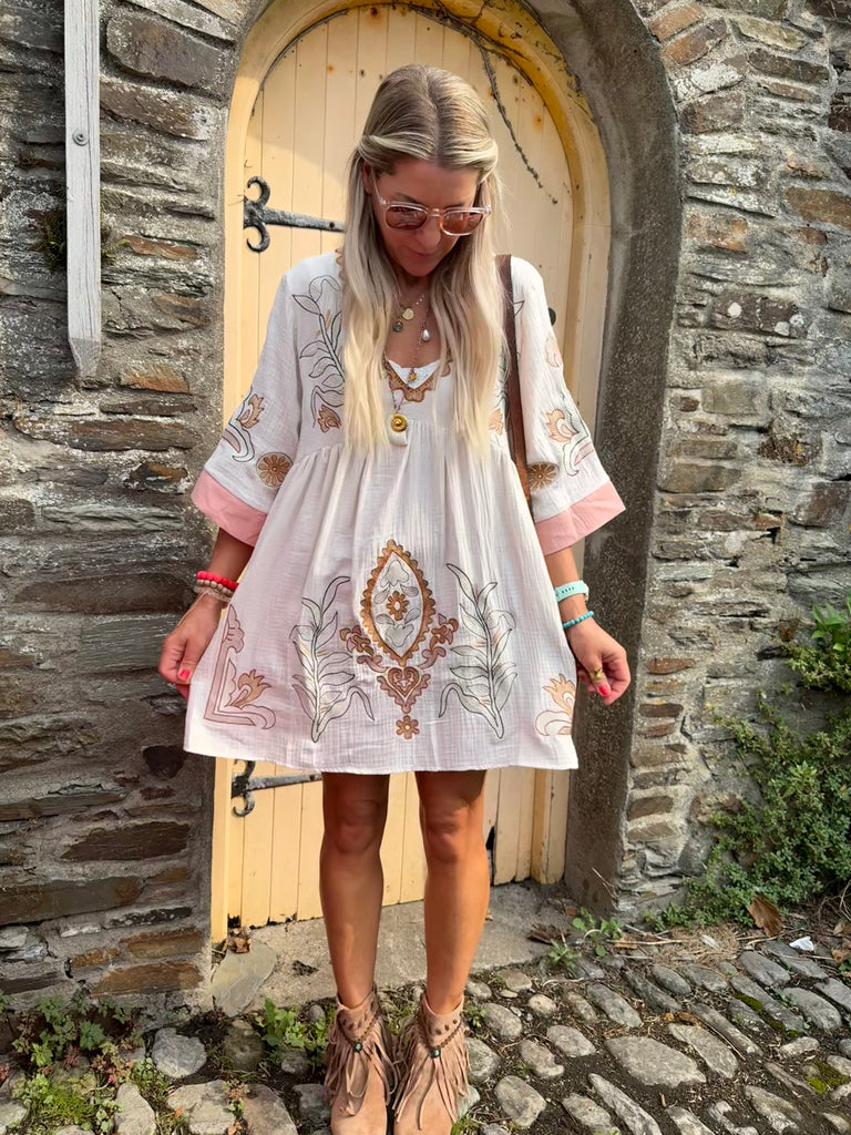 Floral embroidered tea dress