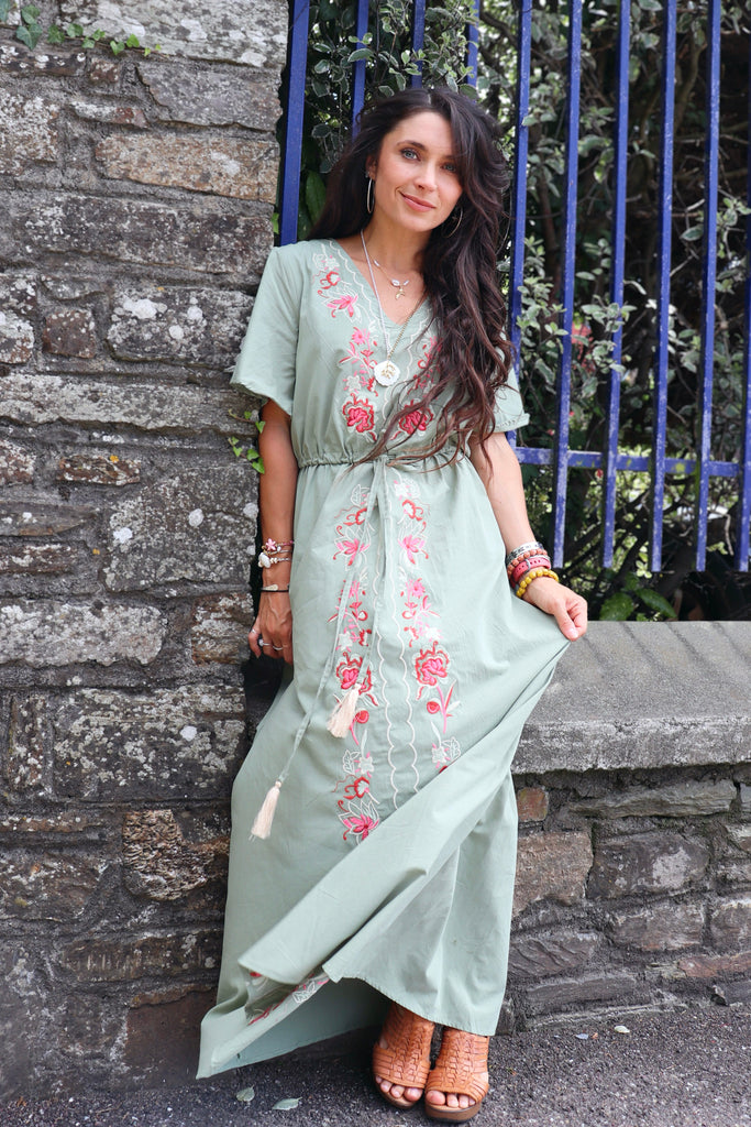 Floral embroidered olive dress