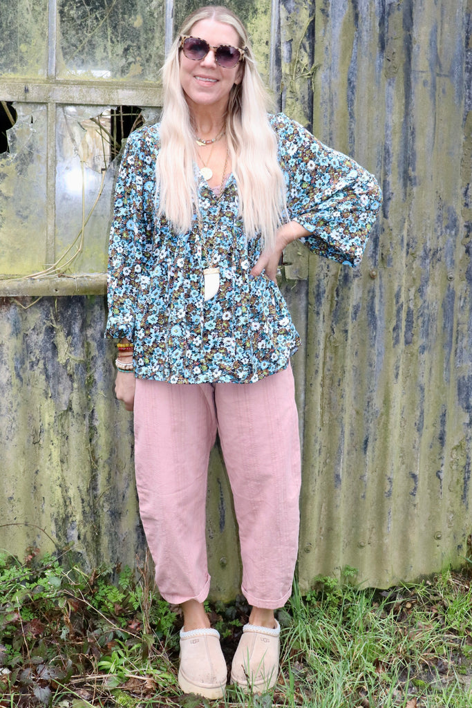 Blue floral peasant blouse