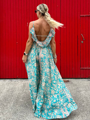 Turquoise and peach silk floral dress