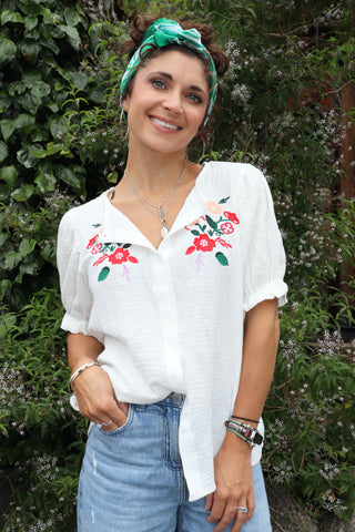 Floral embroidered cheesecloth blouse