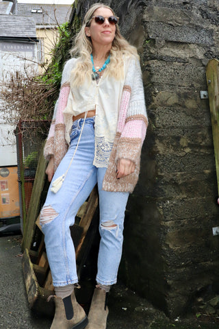 Speckle knit striped cardigan