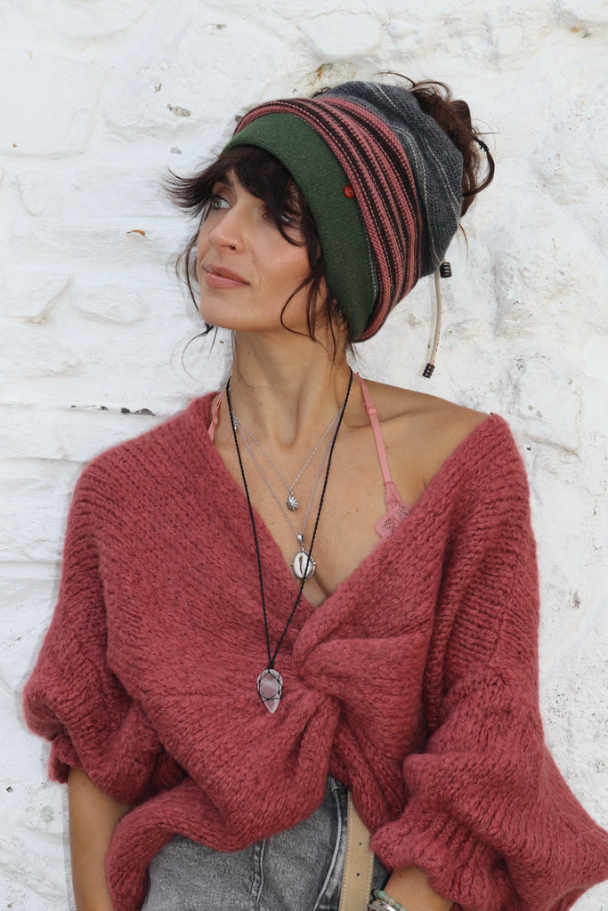 Multiway stripe beanie (Khaki)