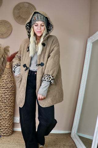 Leopard print detail duffle coat