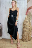 Asymmetrical lace trim long dress (Black)