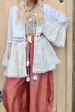 Embroidered crochet trim tiered kimono