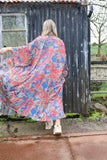 Red and teal long silky floral kimono
