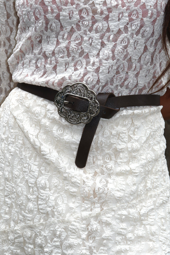 Ornate floral buckle belt (Brown)