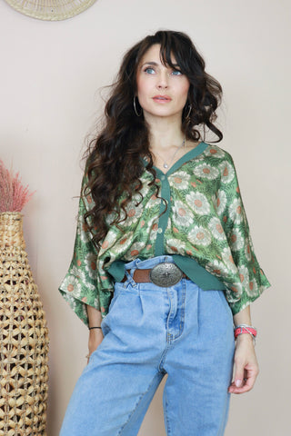 Khaki floral silky blouse