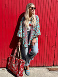 Coral border floral kimono
