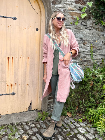 Light pink ruffle sleeve long cardigan