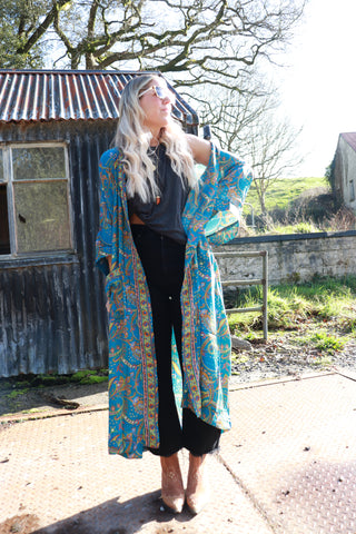 Blue floral long silky kimono