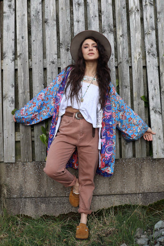 Short floral reversible kimono (Blue)