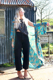 Blue floral long silky kimono