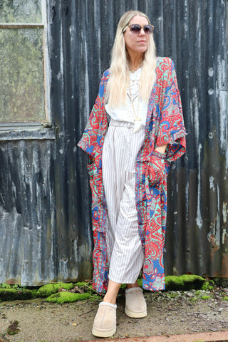 Red and teal long silky floral kimono