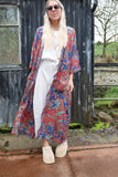 Red and teal long silky floral kimono