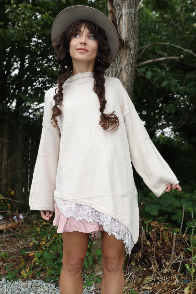 Asymmetrical lace trim jumper