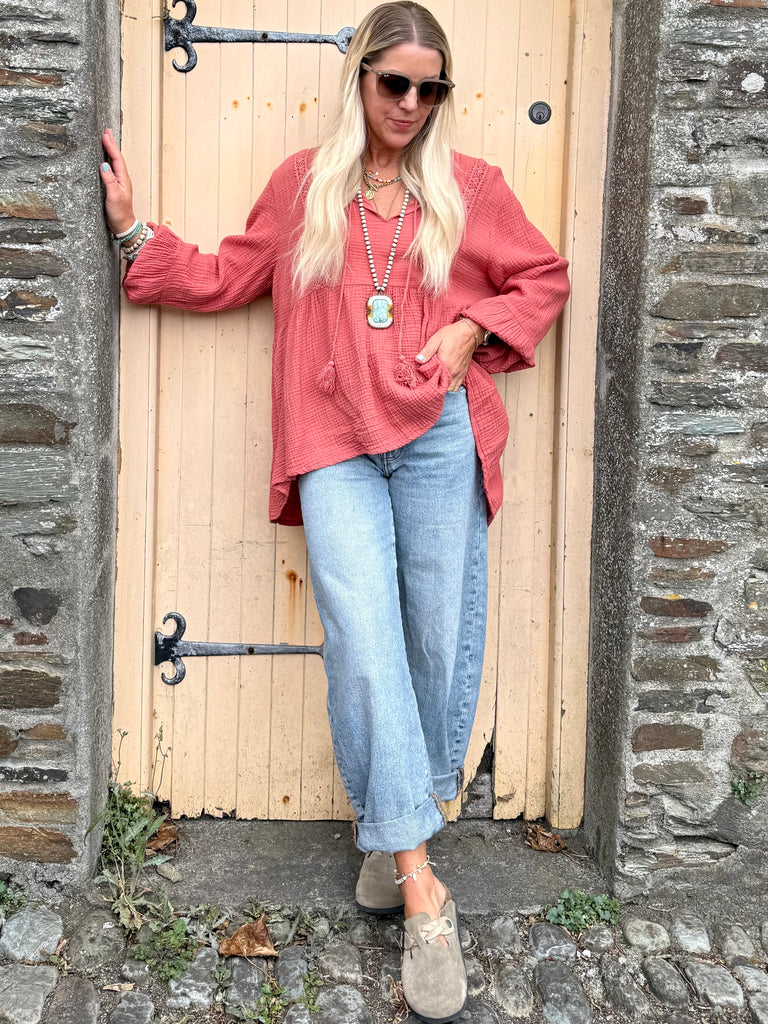 Crochet insert peasant blouse (Rust)