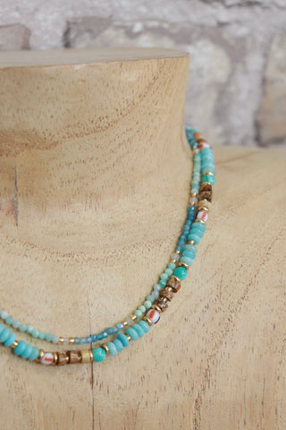 Turquoise layered beaded necklace (Gold)