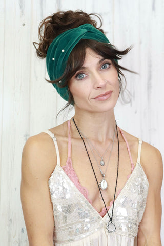 Velvet pearl headband (Khaki)