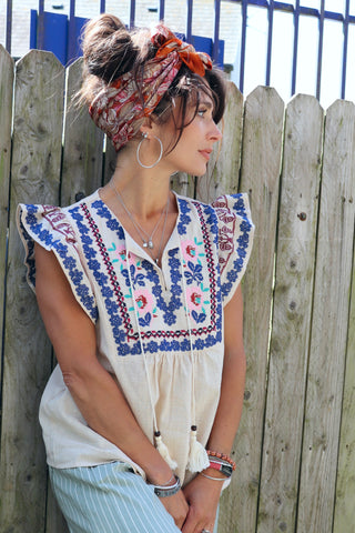 Embroidered frill sleeve blouse