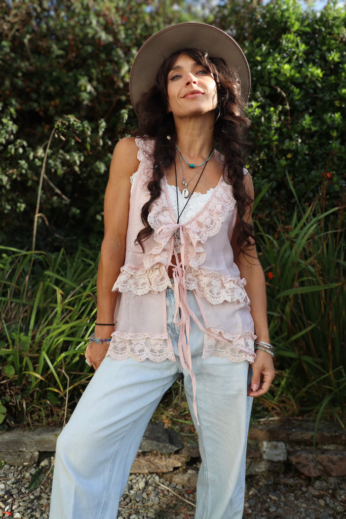 Lace trim tie front top