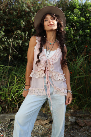 Lace trim tie front top