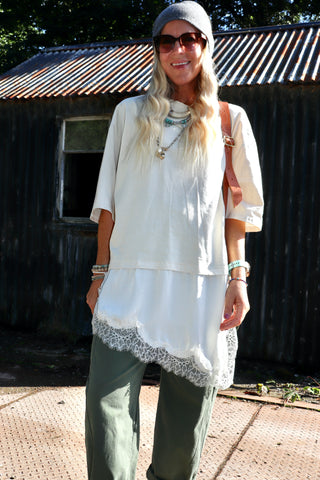 Asymmetrical lace trim tee