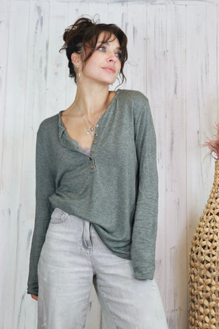 Button detail long sleeve tee (Khaki)