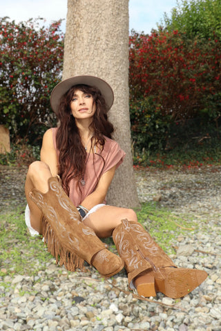 Knee high western fringe boots