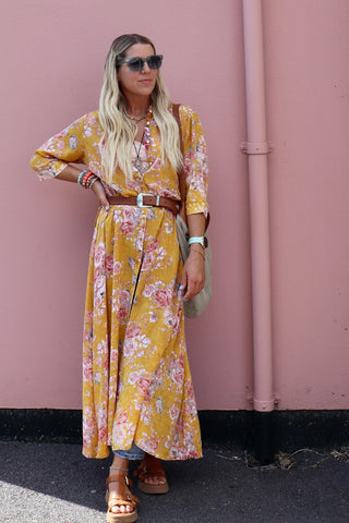 Floral mustard shirt dress