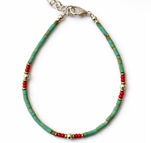 Aqua and red beaded bracelet