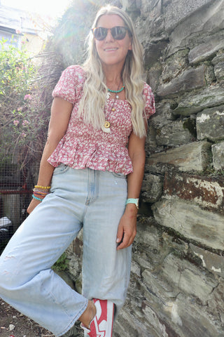 Pink floral shirred blouse