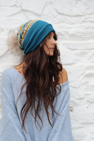 Pom pom stripe knit beanie (Teal and mustard)