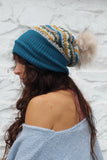 Pom pom stripe knit beanie (Teal and mustard)