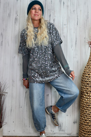 Oversized sequin and velvet silver t-shirt