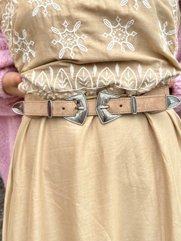 Etched double buckle stretch belt (Tan)