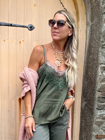 Khaki lace trim silky cami