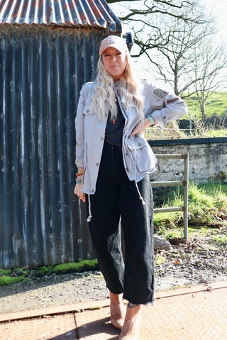 Grey blue beaded utility jacket