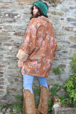 Faux fur trim patterned kimono