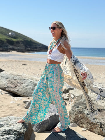 Aqua floral silk trousers