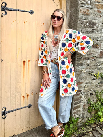 Colourful crochet kimono