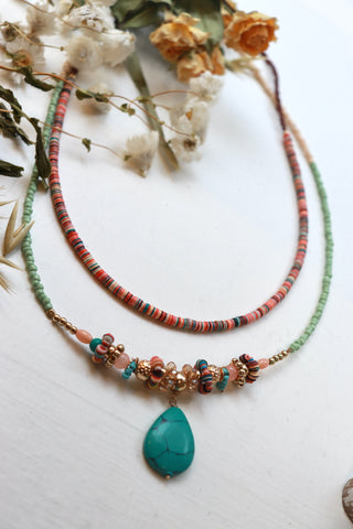 Turquoise stone layered beaded necklace