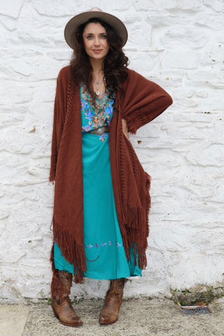 Earth toned fringe knit kimono