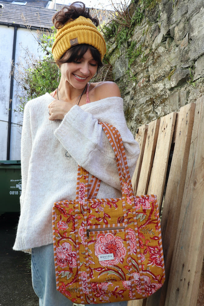 Mustard and berry floral quilted bag