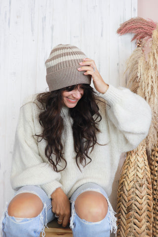 Beige striped beanie