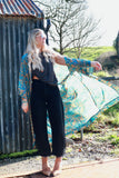Blue floral long silky kimono