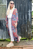 Red and teal long silky floral kimono