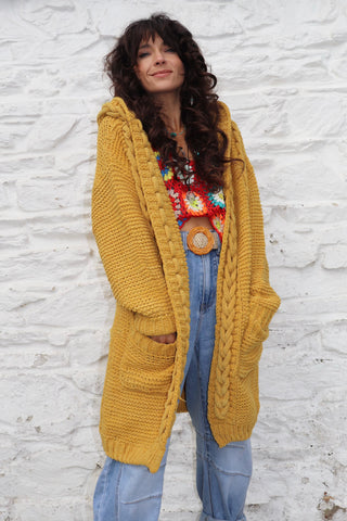 Chunky mustard knit hooded cardigan