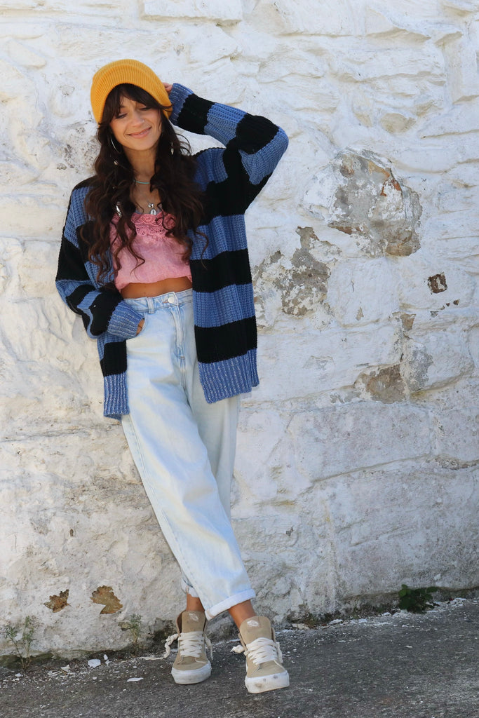 Glitter knit trim stripe cardigan